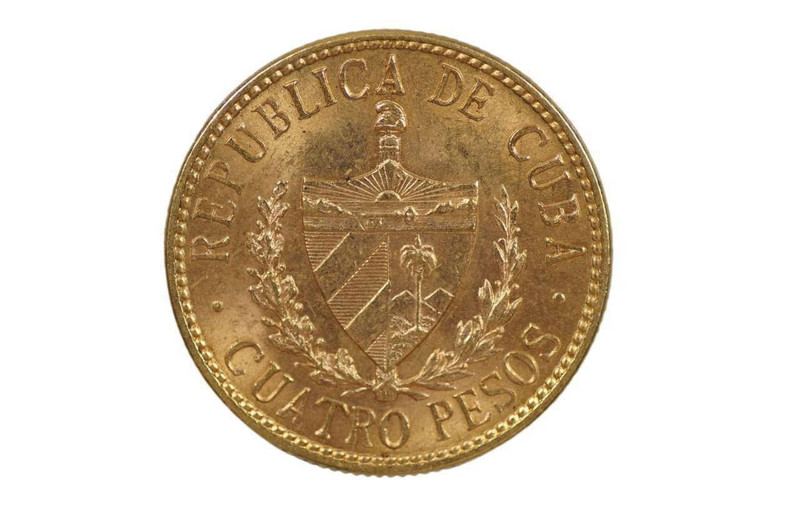 Cuba 1916 Gold 4 Pesos Jose Marti in about Uncirculated Condition