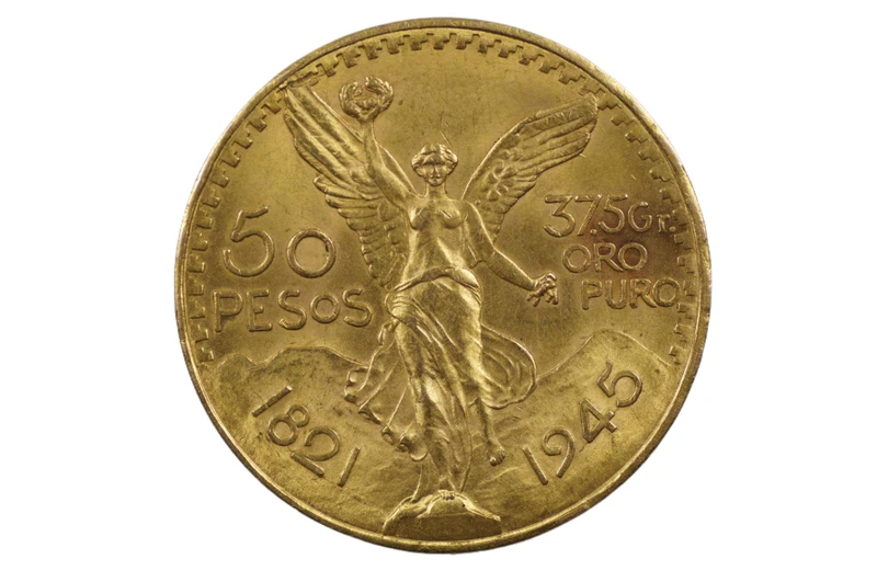 Mexico 1945 50 Pesos Gold Coin in about Uncirculated Condition