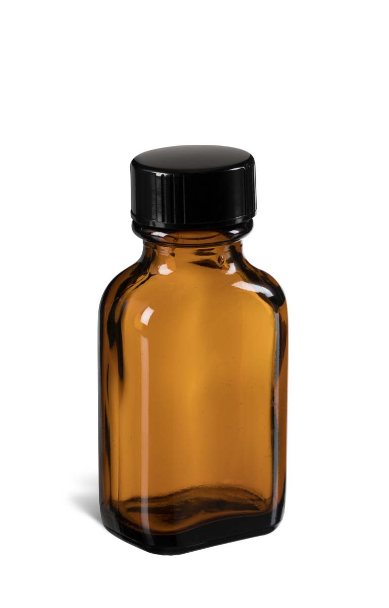 1 oz Amber Glass Blake Bottle, Black Phenolic Cap