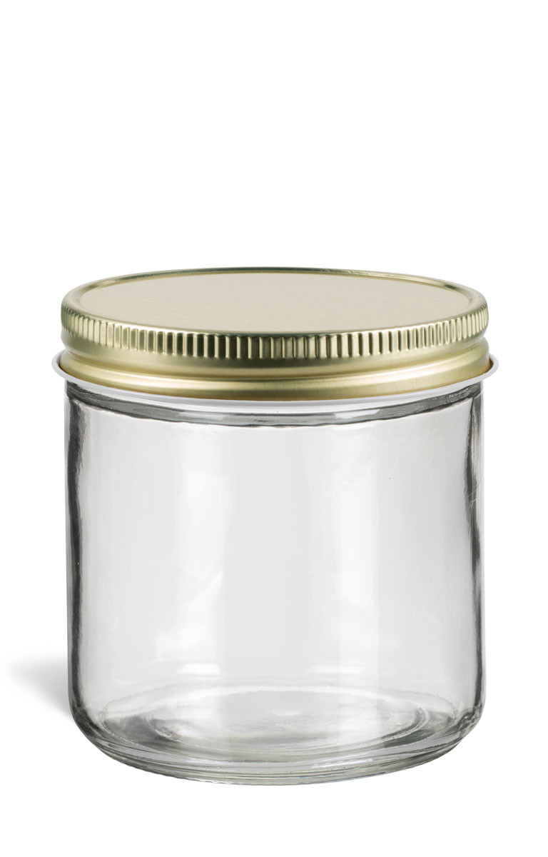 Clear Straight Glass Jar, Gold Lid, 16 oz | Specialty Bottle