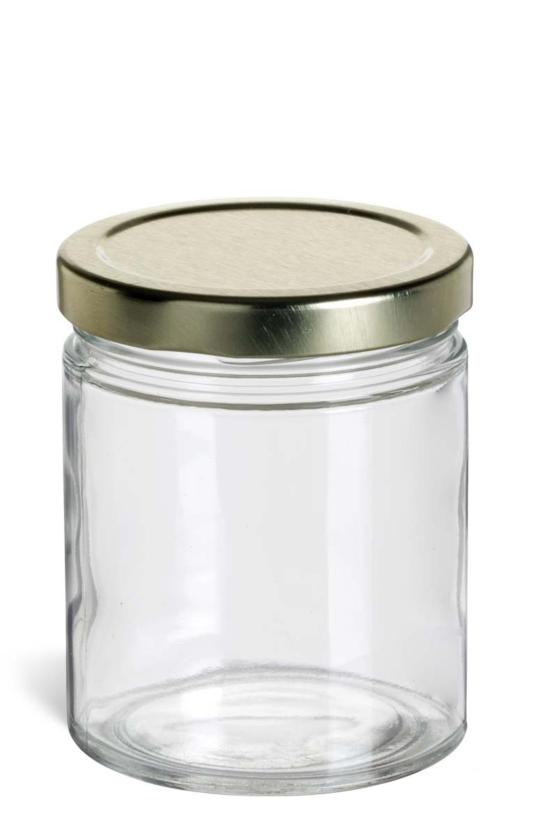 6 oz Clear Glass Jar, Straight Sided, Gold Metal Lid