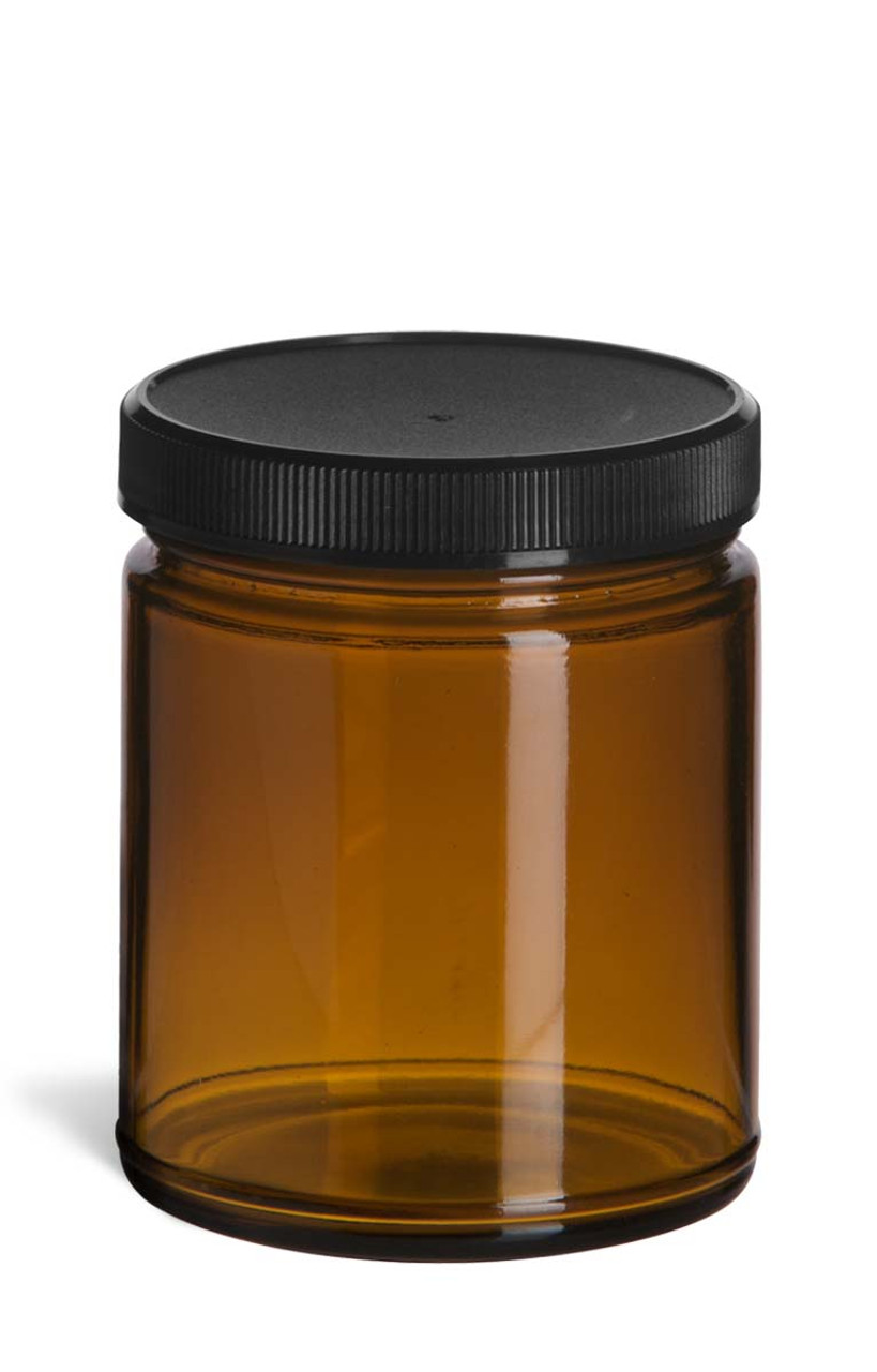 9 oz Amber Straight Sided Glass Jar with Black Lid