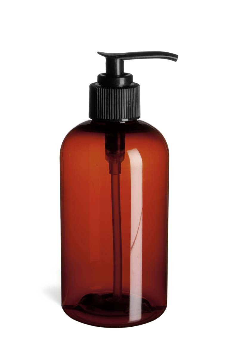 8 oz Amber Plastic Boston Round Bottle, Black Pump