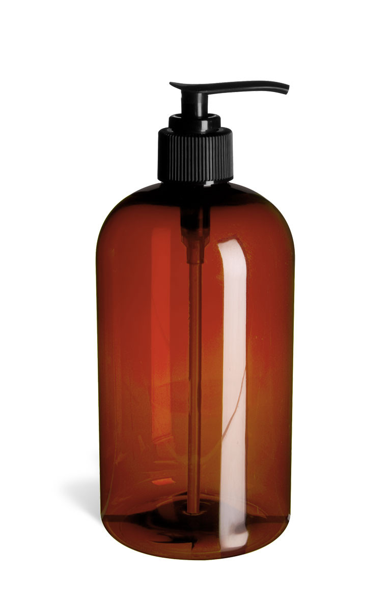 16 oz Amber Plastic Boston Round Bottle, Black Pump