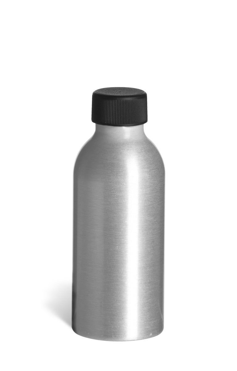 Brushed Aluminum Bottle with Blk Cap Bulk, 4 oz |Specialty Bottle