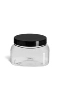 8 oz Clear PET Square Plastic Jar with Smooth Black Lid - PSQC8SB