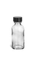 1 oz Clear Boston Round Glass Bottle with Black Cap - BRF1