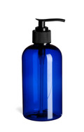 8 oz Blue PET Boston Round Plastic Bottle with Black Pump - PXB8P