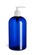 16 oz Blue PET Boston Round Plastic Bottle with White Pump - PXB16PW