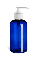 8 oz Blue PET Boston Round Plastic Bottle with White Pump - PXB8PW