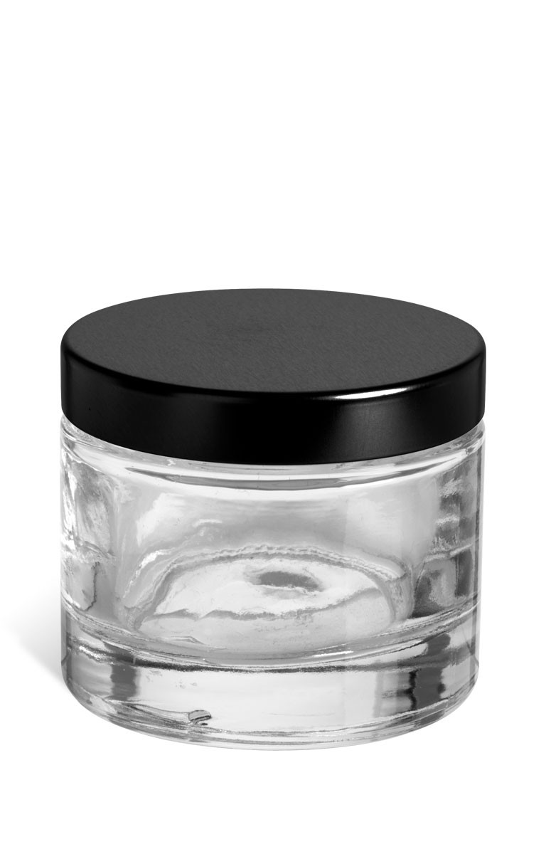 Heavy Base Clear Glass Jar with Black Lid, 2 oz Specialty Bottle