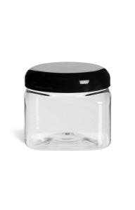 16 oz Clear PET Square Plastic Jar with Black Dome Lid - PSQC16BD