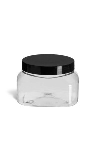 8 oz Clear PET Square Plastic Jar with Smooth Black Lid - PSQC8SB