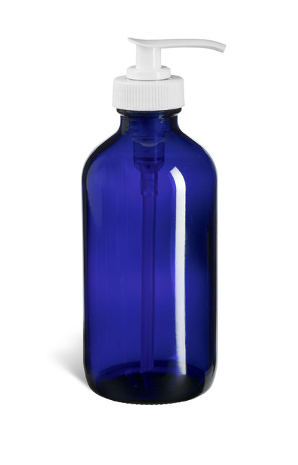 8 oz Cobalt Blue Boston Round Glass Bottle with White Pump - BRB8PW