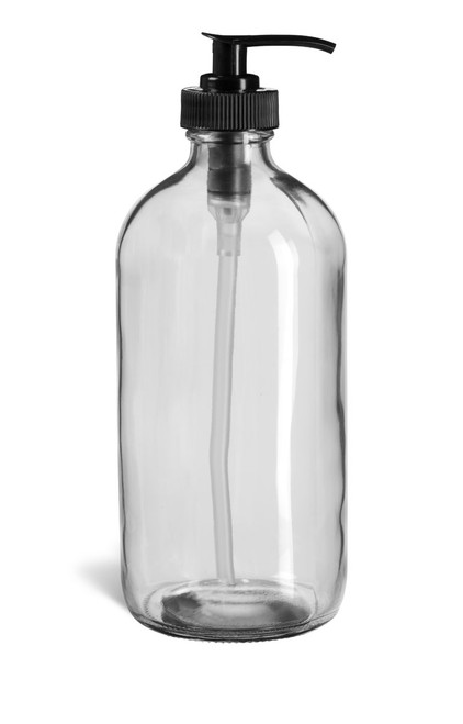 16 oz Clear Boston Round Glass Bottle with Black Pump - BRF16P