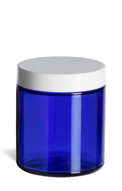 4 oz Cobalt Blue Straight Sided Glass Jar with Smooth White Lid - BSS4SW