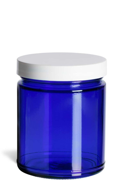 9 oz Cobalt Blue Straight Sided Glass Jar with Smooth White Lid - BSS9SW