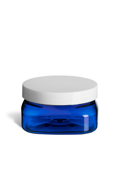 4 oz Blue PET Square Plastic Jar with Smooth White Lid - PSQB4SW