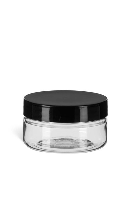 2 oz Clear PET Heavy Wall Plastic Jar with Smooth Black Lid - PHC2SB
