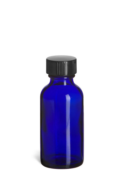 1 oz Cobalt Blue Boston Round Glass Bottle with Black Cap - BRB1
