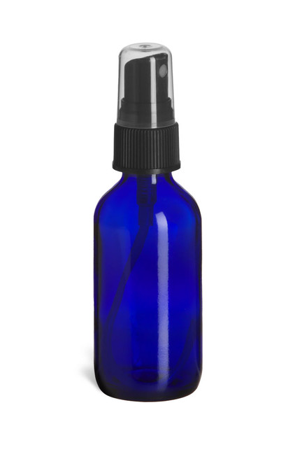 2 oz Cobalt Blue Boston Round Glass Bottle with Black Atomizer - BRB2AB