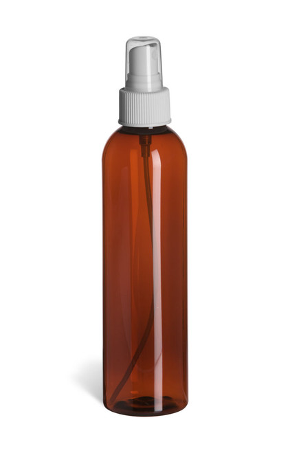 8 oz Amber PET Cosmo Plastic Bottle with White Atomizer - PAR8AW