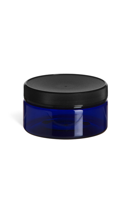 8 oz Blue PET Heavy Wall Plastic Jar with Black Lid - PHB8