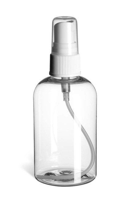 4 oz Clear PET Boston Round Plastic Bottle with White Atomizer - PXC4AW