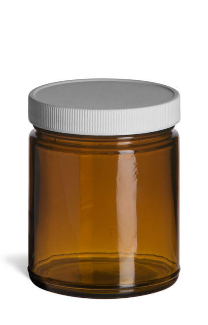 9 oz Amber Straight Sided Glass Jar with White Lid - SS9AW