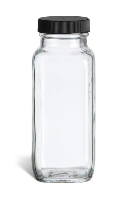 8 oz Clear French Square Glass Bottle with Black Cap - FSQ8