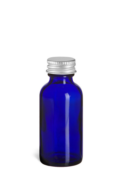 1 oz Cobalt Blue Boston Round Glass Bottle with Silver Cap - BRB1S