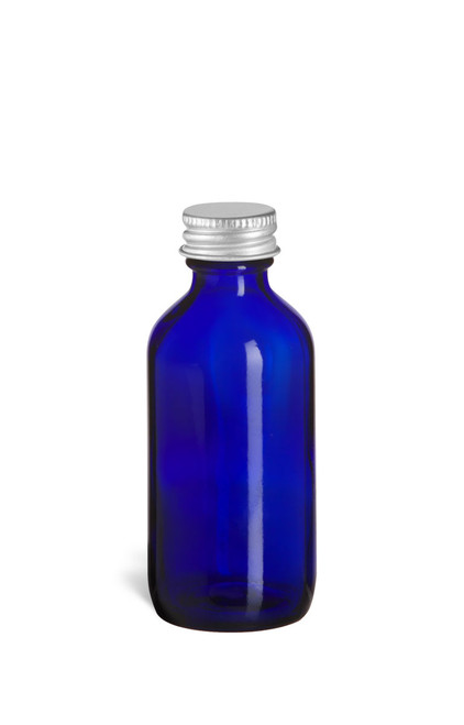2 oz Cobalt Blue Boston Round Glass Bottle with Silver Cap - BRB2S