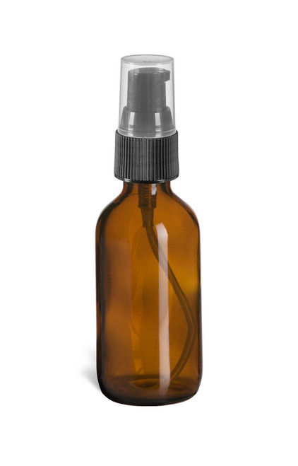 2 oz Amber Boston Round Glass Bottle with Black Treatment Pump - BRA2TB