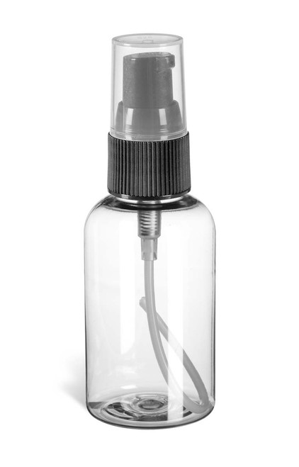 2 oz Clear PET Boston Round Plastic Bottle with Black Treatment Pump - PXC2TB