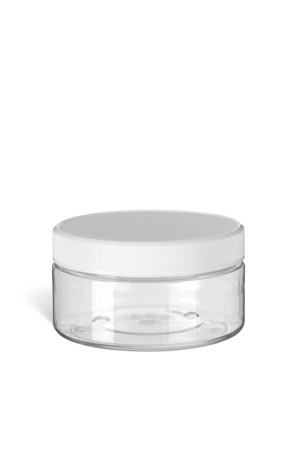 8 oz Clear PET Heavy Wall Plastic Jar with White Flat Lid - PHC8WF