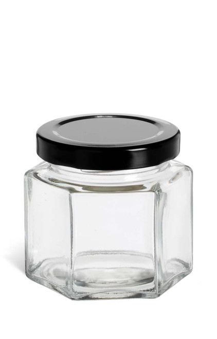 4 oz (120 ml) Squat Hexagon Glass Jar with Black Lid - HEX4B