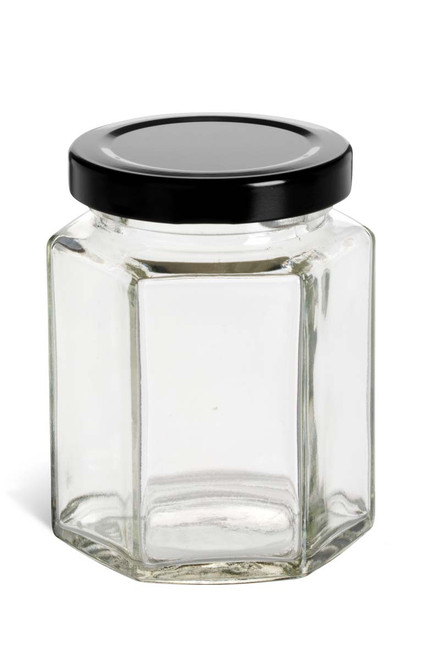 6 oz (190 ml) Hexagon Glass Jar with Black Lid - HEX6B