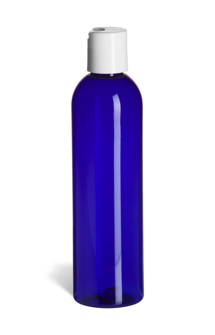 8 oz Blue PET Cosmo Plastic Bottle with White Disc Cap - PBR8DW