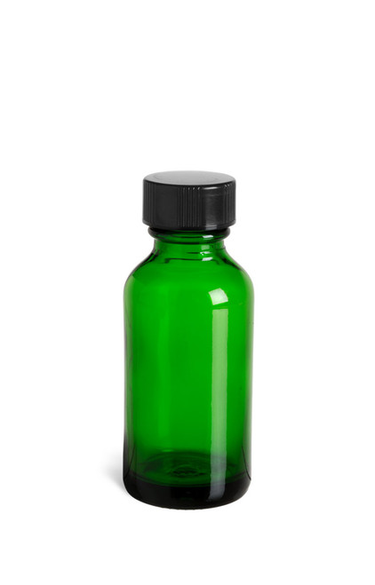 1 oz Green Boston Round Glass Bottle with Black Cap - BRG1