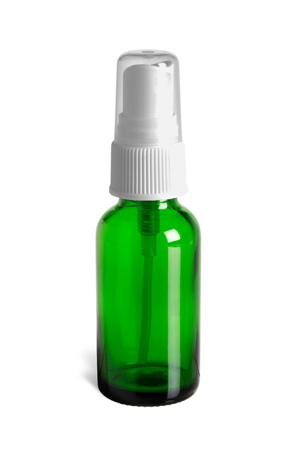 1 oz Green Boston Round Glass Bottle with White Atomizer - BRG1AW