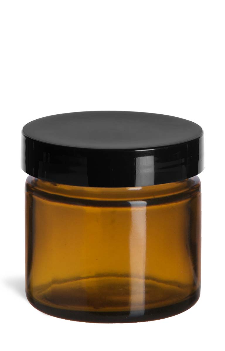 .85 oz (25 ml) Amber Straight Sided Glass Jar with Smooth Black Lid - SALV1ASB