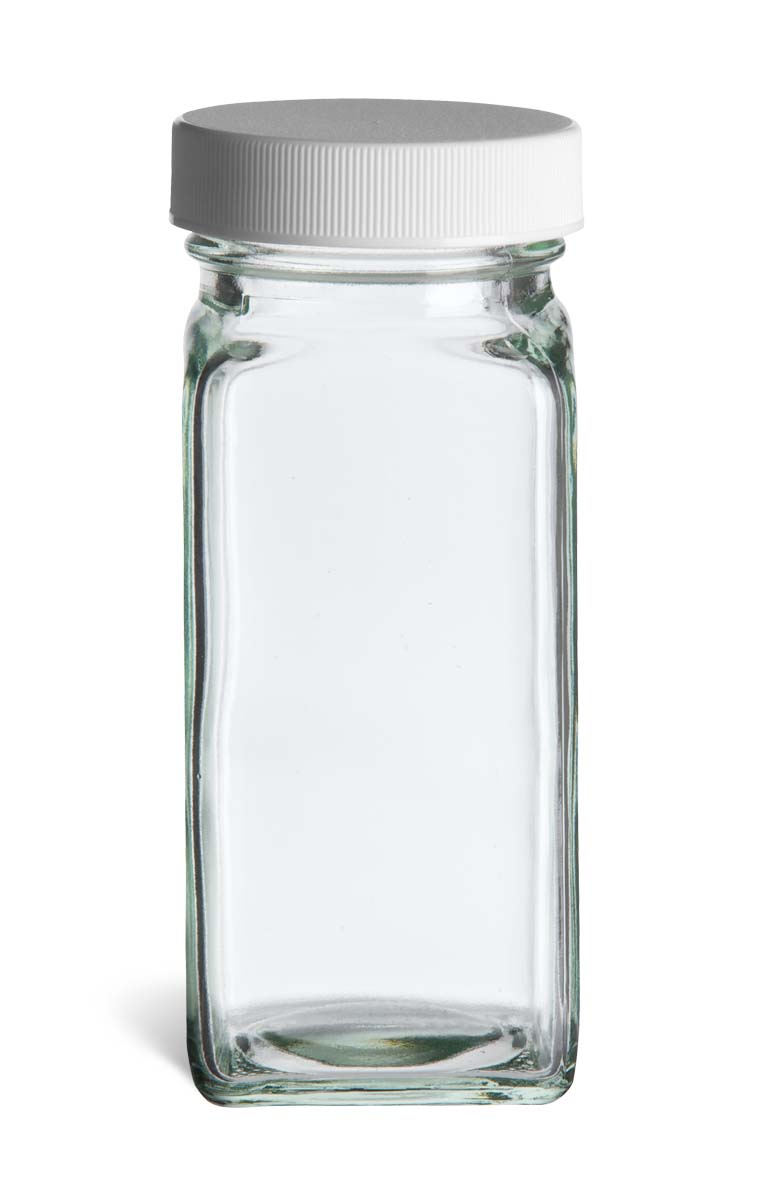 4 oz Spice Jar Square Glass with Shaker Fitment and White Lid - HBSQ4W