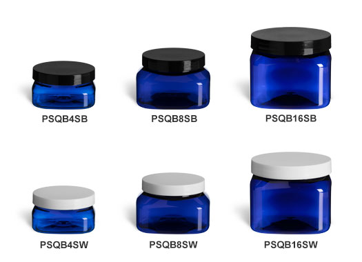 Blue PET Square Jars with Smooth Lids