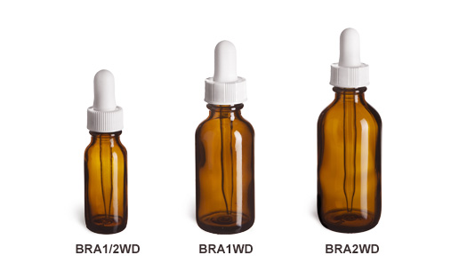 Amber Boston Round Glass Bottles with White Droppers