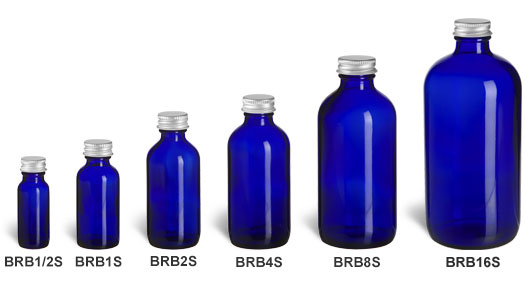 Cobalt Blue Boston Round Glass Bottles with Silver Caps