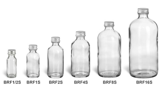 Clear Boston Round Glass Bottles with Silver Caps