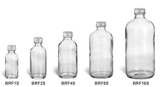 Clear Boston Round Glass Bottles with Silver Caps