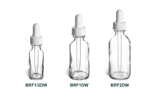 Clear Boston Round Glass Bottles with White Droppers