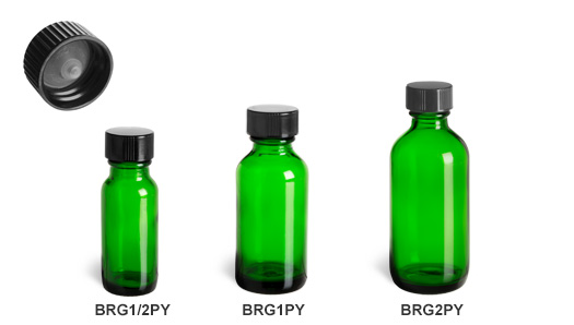 Green Boston Round Glass Bottles with Polyseal Caps