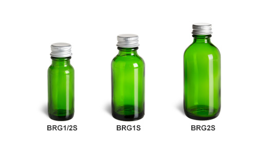 Green Boston Round Glass Bottles with Silver Caps